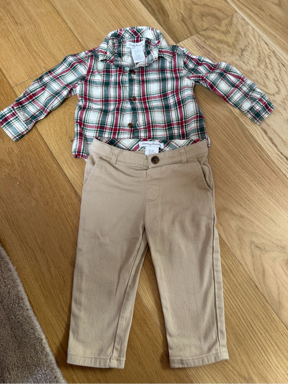 Tommy Bahama Red & Green Plaid Button-Down Shirt with Tan Pants